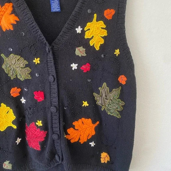 Vintage Y2K Autumn Fall Leaves Embroidered Black Ramie Cotton Knit Sweater Vest - Picture 8 of 9